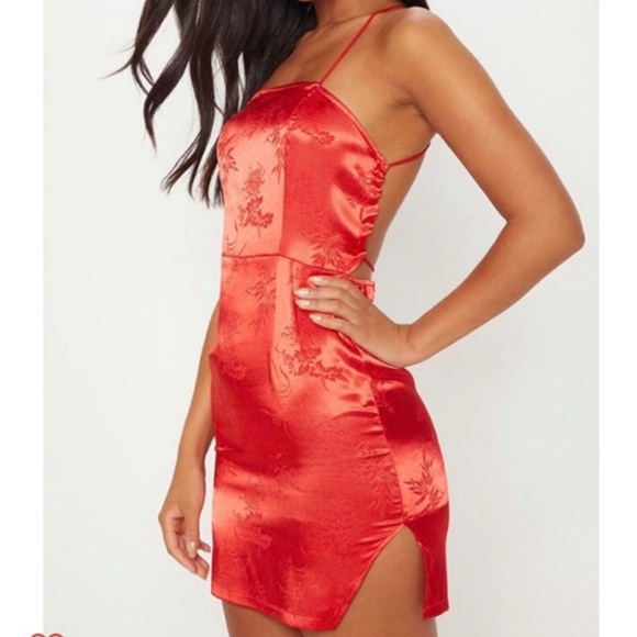 PLT Red Satin Mixed print Lace Up Back Bodycon Dress - Picture 6 of 7